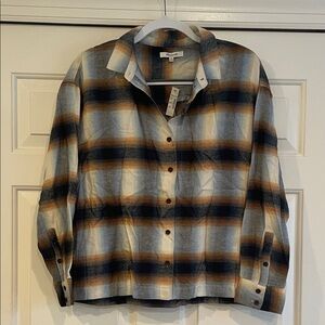 Madewell Plaid Button-Front Shirt Jacket in Blue, Brown & Cream